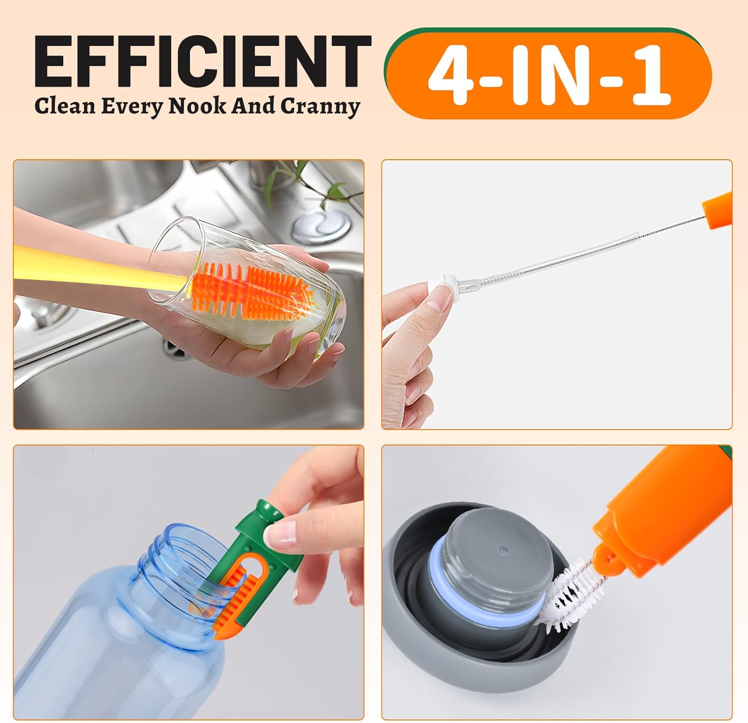 Skiennix 4-in-1 Silicone Bottle Brush - Integrated Design for Cleaning Sports, Baby & Water Bottles | 1 Pack