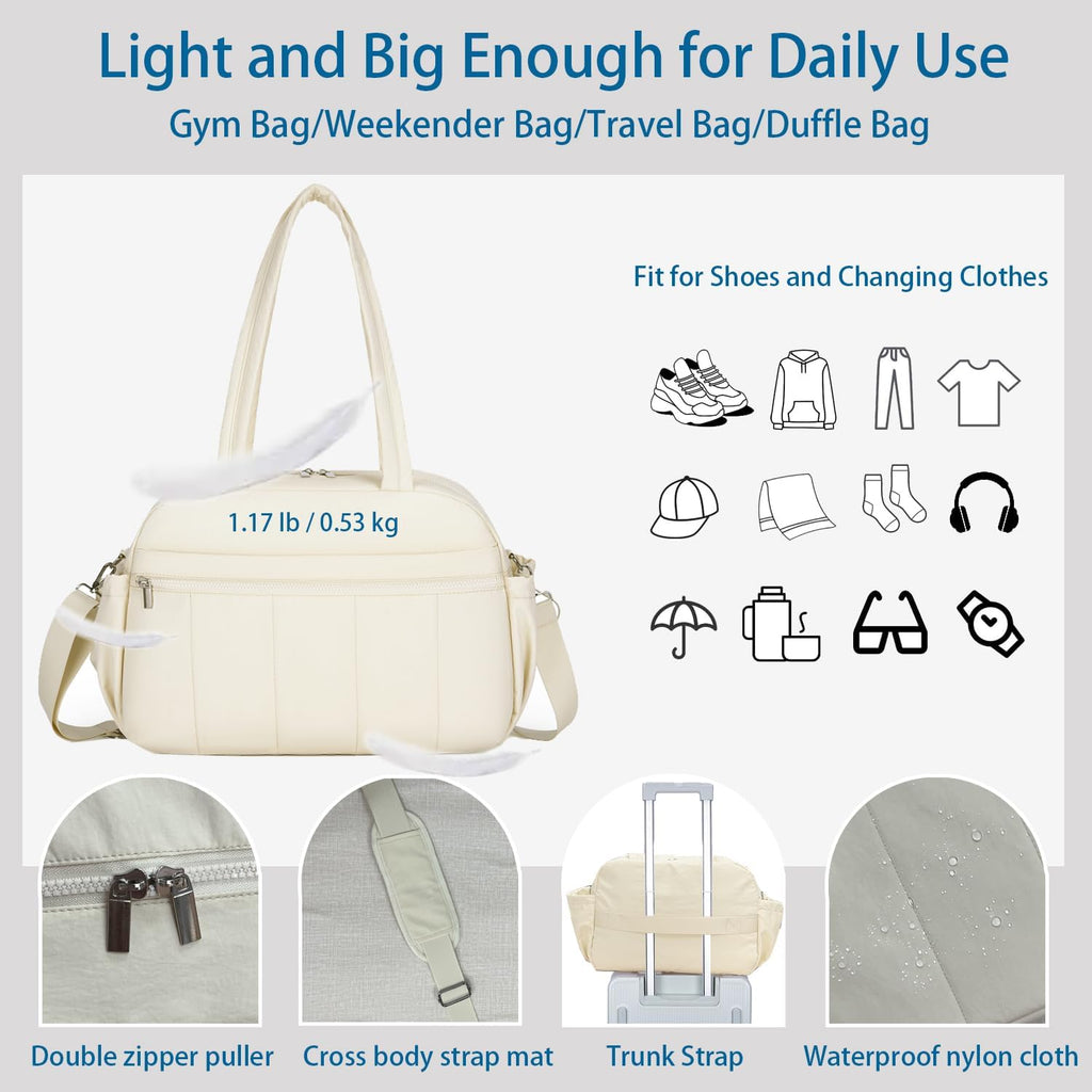 Small Gym Bag for Women, Mini Travel Duffle Bag with Shoe Bags and Coin Pouch, Carry on Weekender Bag, Portable Overnight Bag for Yoga, Pilates, Swimming, Off White