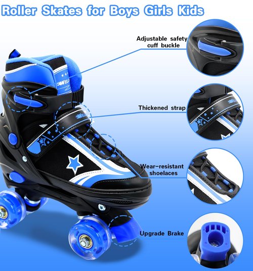 Kids Roller Skates for Boys Girls, 4 Size Adjustable Kids Rollerskates with Light Up Wheels, Quad Skates for Beginner Ages 5-8 8-12