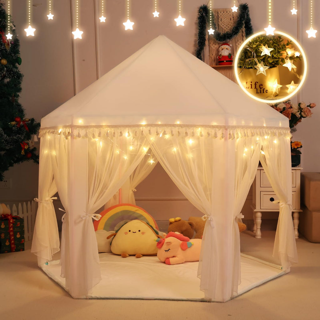 Monobeach White Princess Tent Girls Tassel Decor Large Playhouse Kids Castle Play Tent with Star Lights Toy for Children Indoor and Outdoor Games, 55'' x 53'' (White Princess Tent with Tassel)