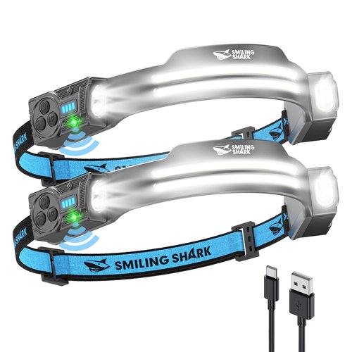 Smiling Shark TS-2 Headlamp, Dual Spotlight with Floodlight & Strobe LED Head Torch Rechargeable 2400mAh Long-Lasting Hands-Free Design for Camping Hiking Running Jogging (2 Pack)