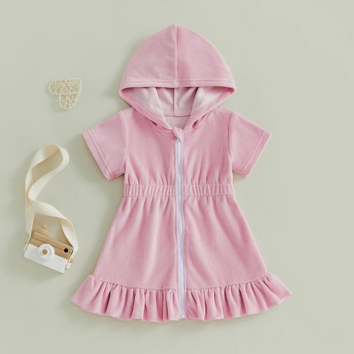 Multitrust Toddler Girls Terry Swim Cover-Up - Ruffled Hooded Bathing Suit | Zip-Up, Elastic Waist