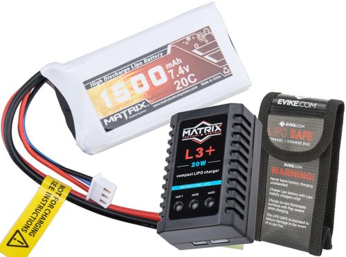Evike Airsoft - Matrix High Performance 7.4V Airsoft LiPo Battery Starter Pack w/BMS Smart Charger (Model: PEQ Type / 1500mAh / 15C / Small Tam.)