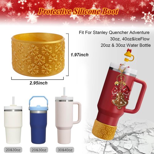 VirgoCCY Christmas Stanley Cup Accessories Set Including 0.4in Straw Covers, Water Bottle Handle Strap, Cute Christmas Charms and Silicone Boot for Stanley 40oz & 30oz Tumbler, Gold