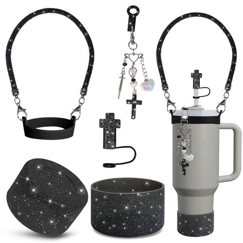 VirgoCCY 5PCS Stanley Cup Accessories Set 30&40 Oz, Includes 1 Glitter Straw Covers, 1 Glitter Handle Strap, 1 Straw Adapters Charm Blank with 1 Cross Charms and 1 Glitter Silicone Boot, Black