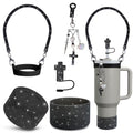 VirgoCCY 5PCS Stanley Cup Accessories Set 30&40 Oz, Includes 1 Glitter Straw Covers, 1 Glitter Handle Strap, 1 Straw Adapters Charm Blank with 1 Cross Charms and 1 Glitter Silicone Boot, Black