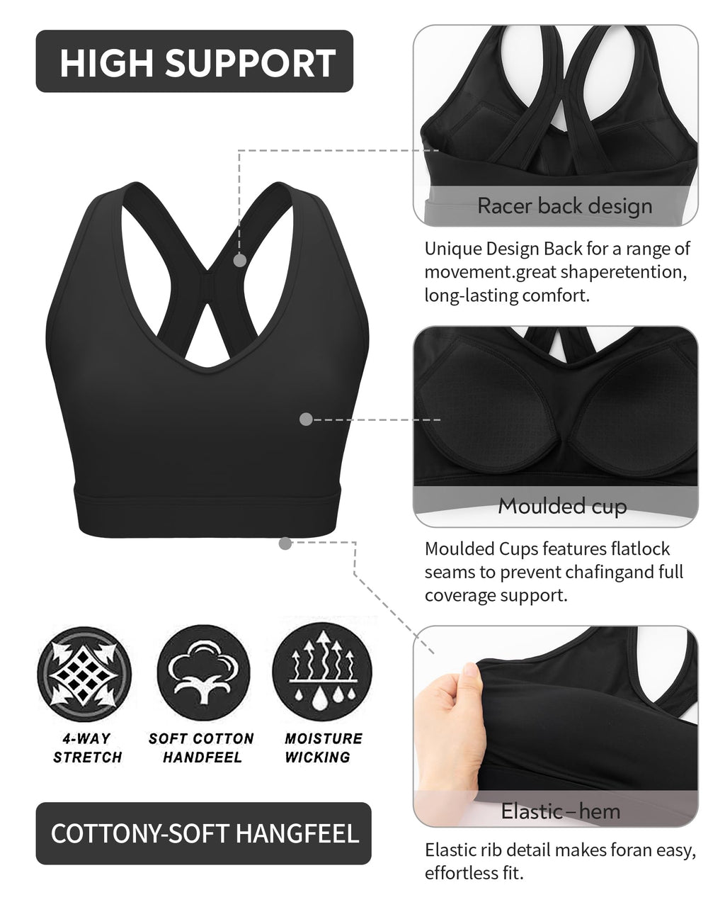 RUNNING GIRL Sports Bras for Women High Support,High Impact V Neck Molded Cup Black Sports Bra Running Workout Bra with Sewn in Pads(WX3160Black_M)