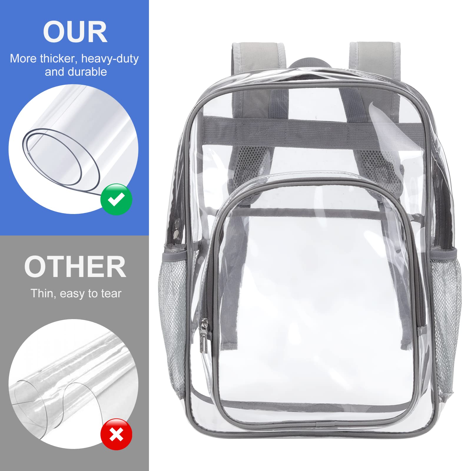 Nausear Clear Backpack School Bag Stadium Approved Heavy Duty Large PVC Laptop Transparent Backpack See Through Backpack for Sports, Work, Stadium, Security, Travel, College - H18''xW14''xD8“ - Grey