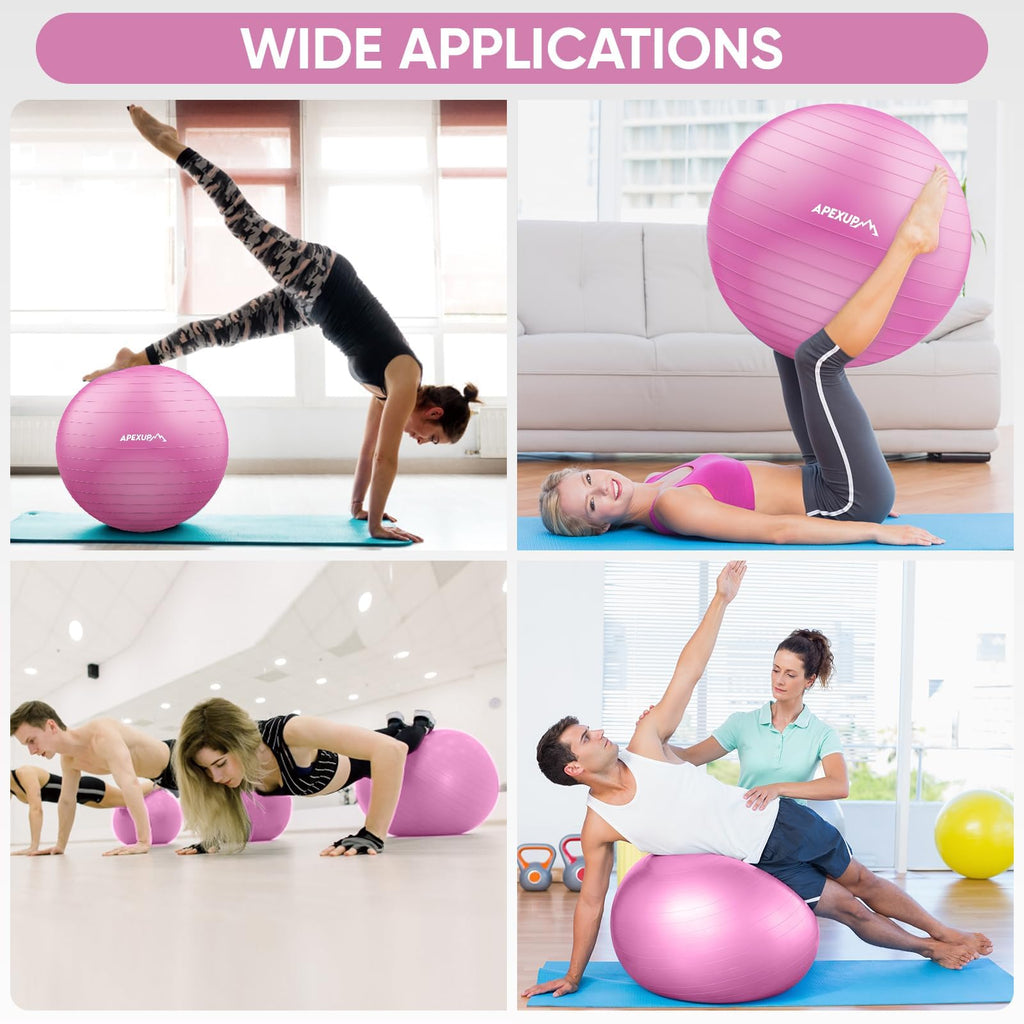 APEXUP Yoga Ball, 660 lbs Anti-Burst Exercise Ball with Pump, 5 Sizes (M (19"~22) 55cm, Fuschia)