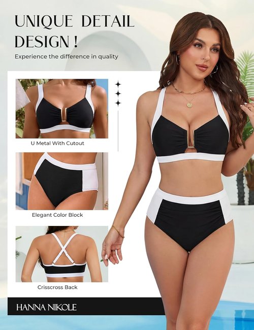 Hanna Nikole Womens High Waisted Bikini Sets, Slimming Modest Tummy Control Swimsuits, Cutout Crisscross Curvy Swimwear