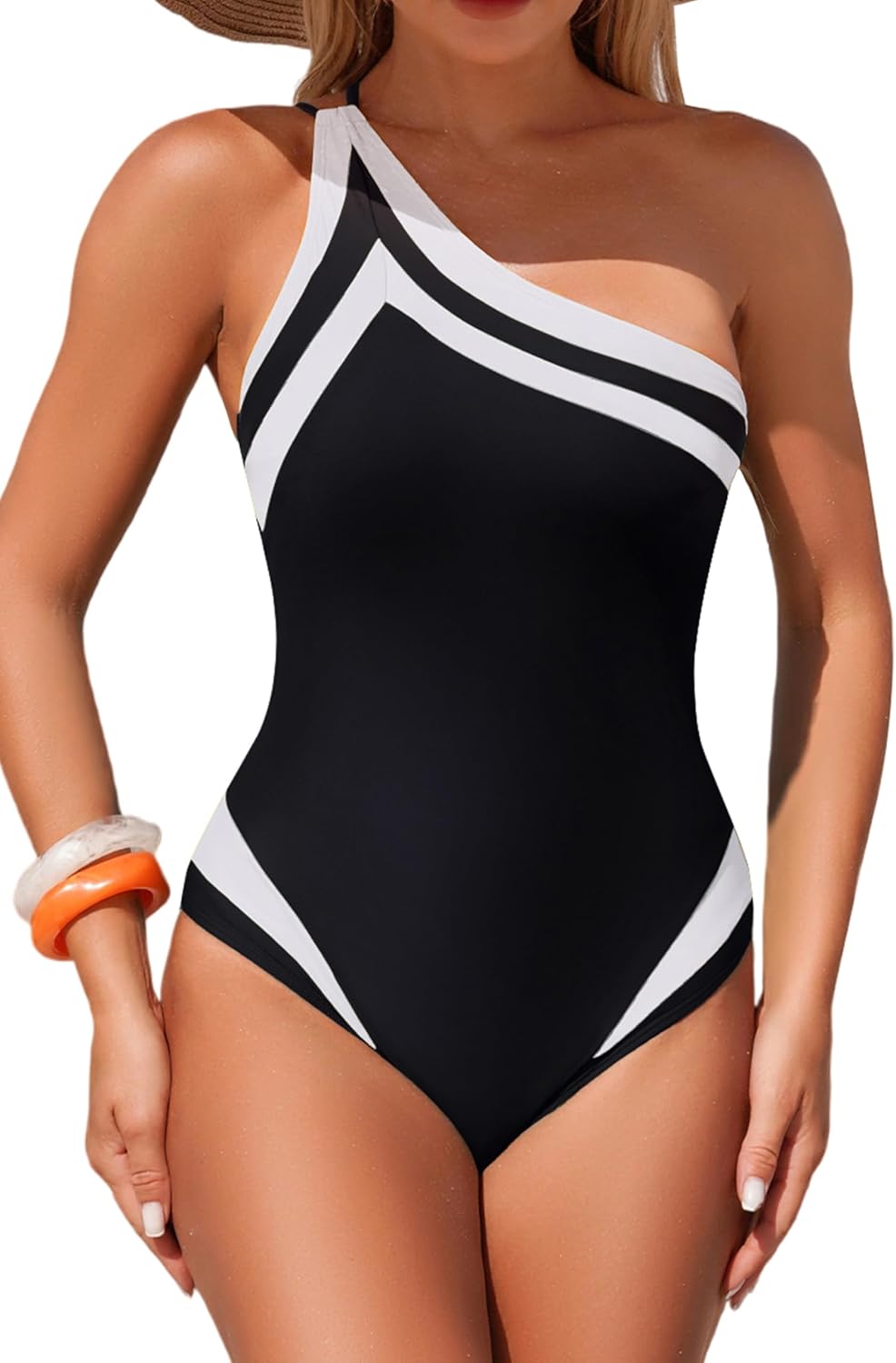Skiennix Women's One-Piece Swimsuit - Flattering One Shoulder Design with Tummy Control | Color Block Slimming Style