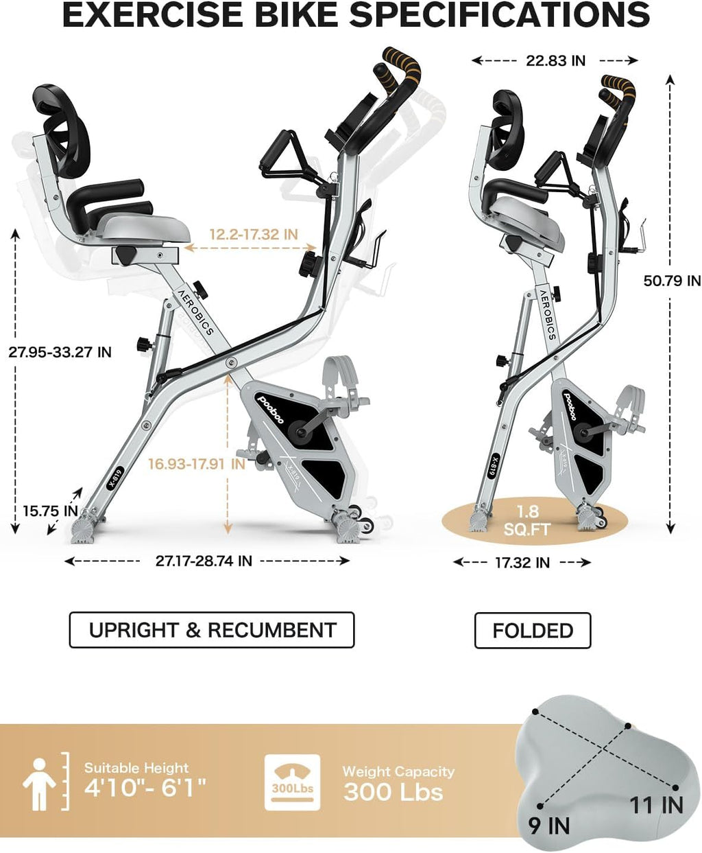 Pooboo Folding Exercise Bike - Magnetic Upright Stationary Bike with 8-Level Resistance | 300LB Capacity, Back Support Cushion
