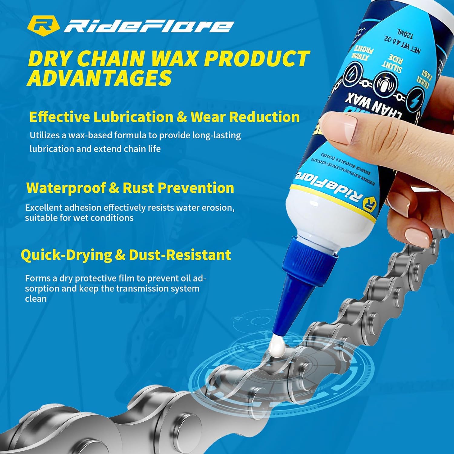 RideFlare POWERGLIDE Dry Bike Chain Wax - Ultra Fast, Silent Lube | 60ml / 2oz, Eco-Friendly, Dust & Mud Repellent