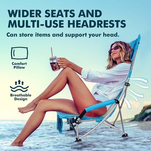High Back Folding Beach Chair: 2 Pack Packable Lightweight Chairs Comfortable Foldable High Low Profile Sand Chair Set with Cup Holder for Adult Outdoor Concerts Lawn Camp Picnic