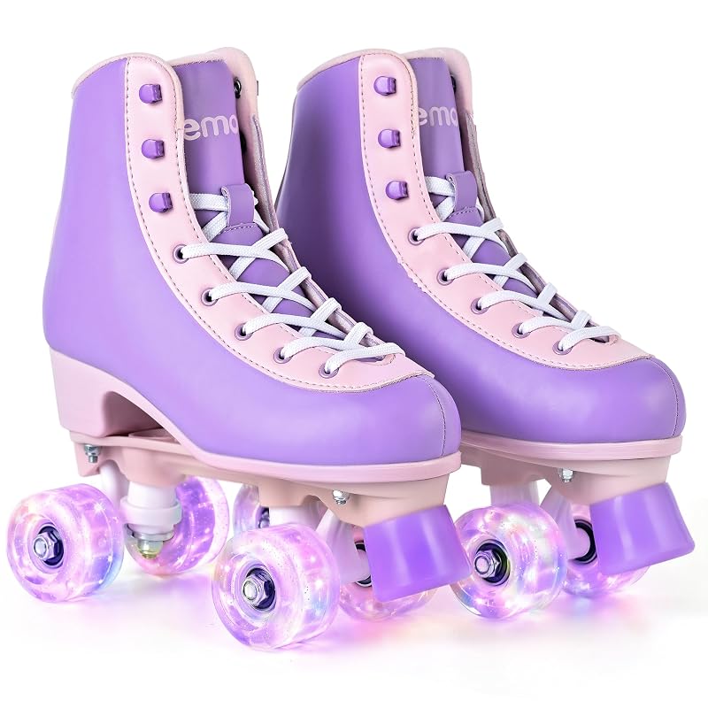 NEMONE Lavendar Dream Quad Roller Skates for Women, Girls - Light-Up PU Leather High-Top