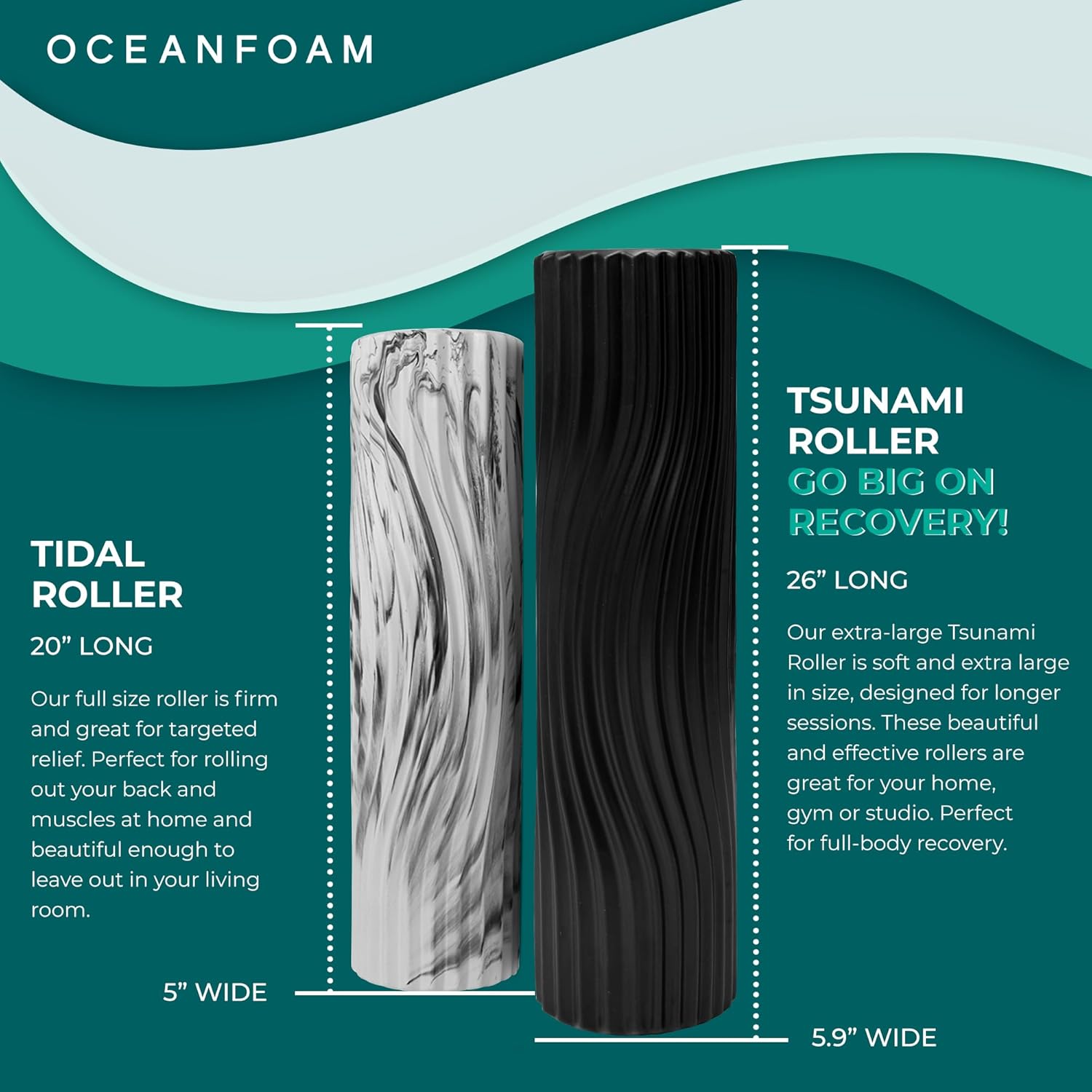 Oceanfoam Tsunami Roller (Black) - Extra-Large, 26" x 5.9" - Soft, Textured Foam Roller for Physical Therapy, Back Pain, Exercise & Stretching - Wave Textured - Yoga, Athletics, & Wellness