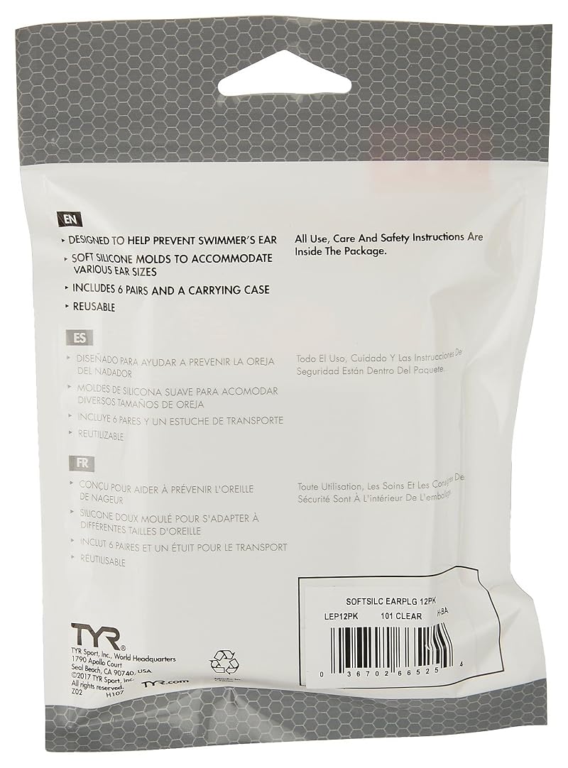 TYR Soft Silicone Swim Ear Plugs 12 Pack - 6 Pairs, Clear