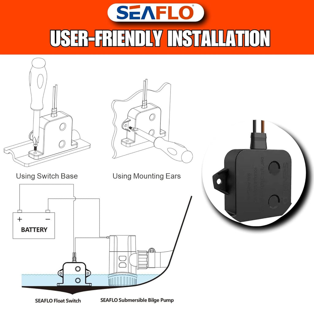 SEAFLO Electric Bilge Switch - Automatic Water Level Sensor, 12V/24V, 20A/10A, Marine Boat | 4-Year Warranty