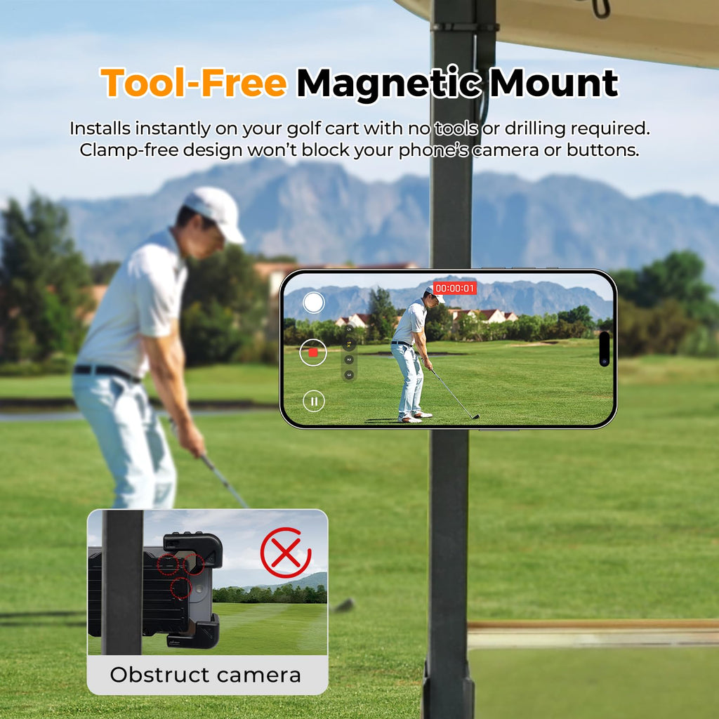Strong Magnetic Golf Cart Phone Holder – Adjustable N52 Magnets, 360° Rotation, Stable 0.67IN Ball Head, Portable with Storage Pouch, Fits EZGO/Club Car/Yamaha Square Iron Struts