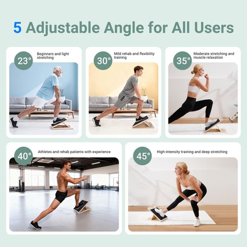 Reoceing Portable Wooden Slant Board for Calf Stretching, Adjustable 5-Angle Incline Board for Ankle, Heel & Foot Exercise, 400lb Capacity, Includes Training Poster