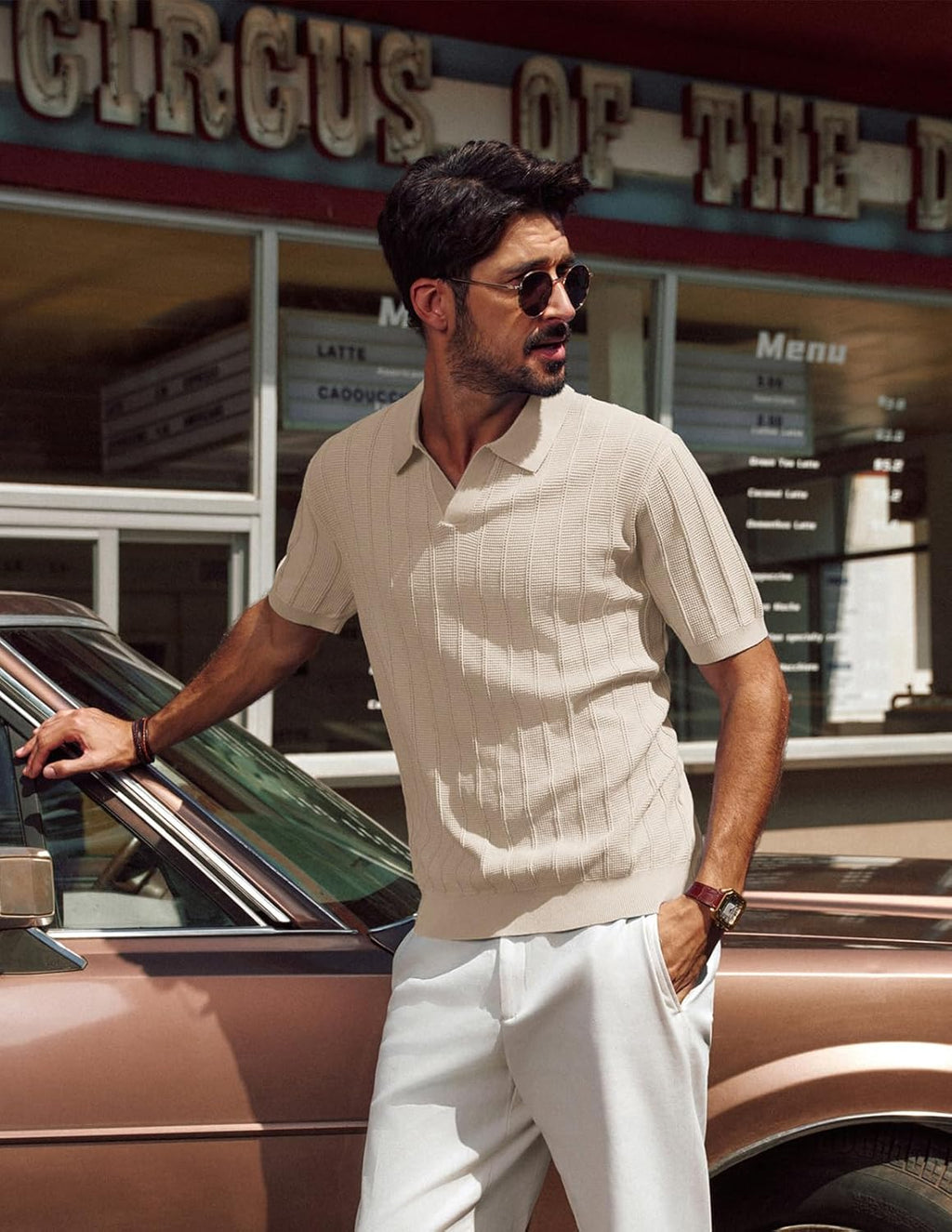 PJ PAUL JONES Men's V-Neck Knit Polo Shirt - Textured Summer Style for Comfort and Breathability