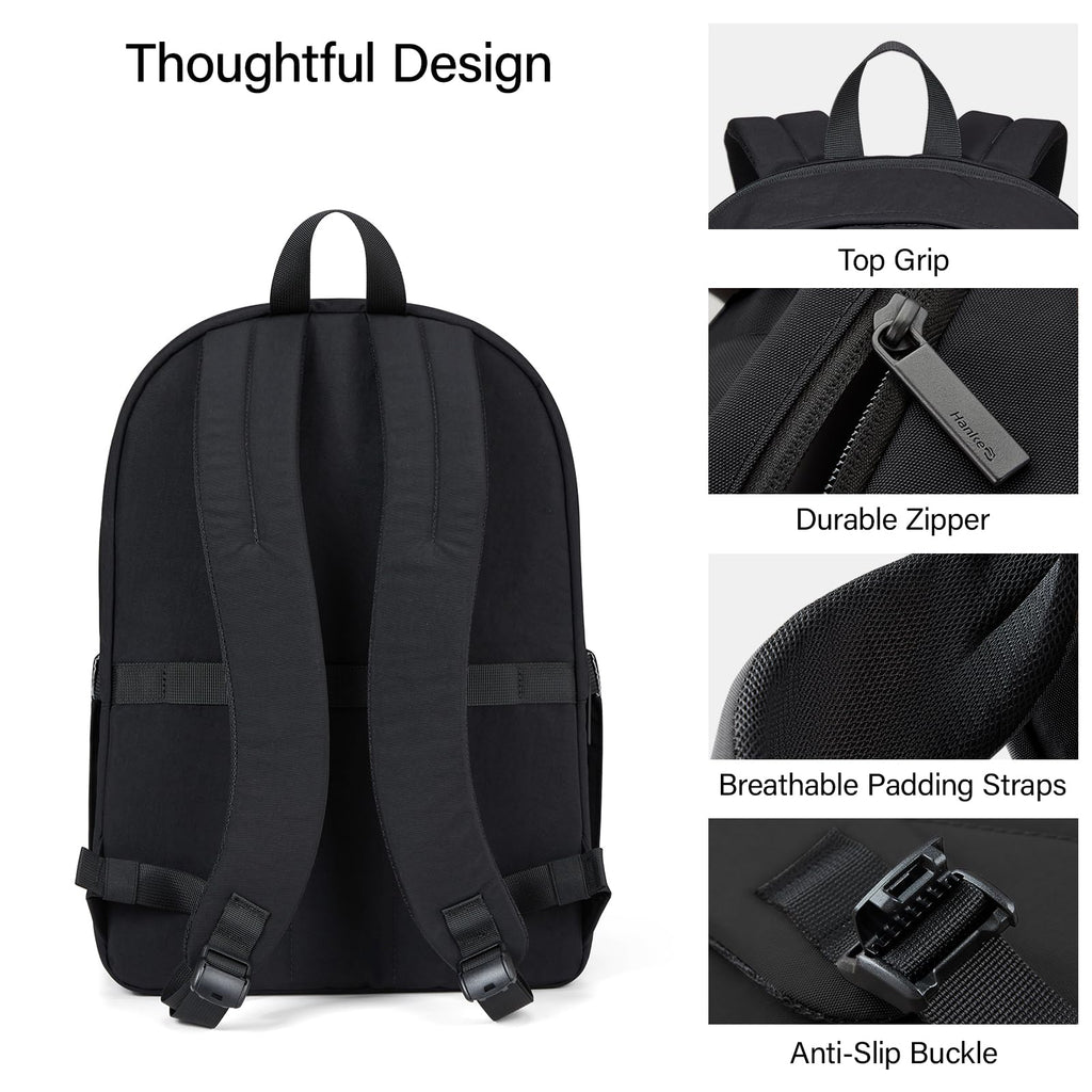 Hanke Travel Backpack for Women Men, 15.6 Inch Laptop College Backpack, Lightweight Small Computer Bookbag, Water-Resistant Casual Daypack, Black