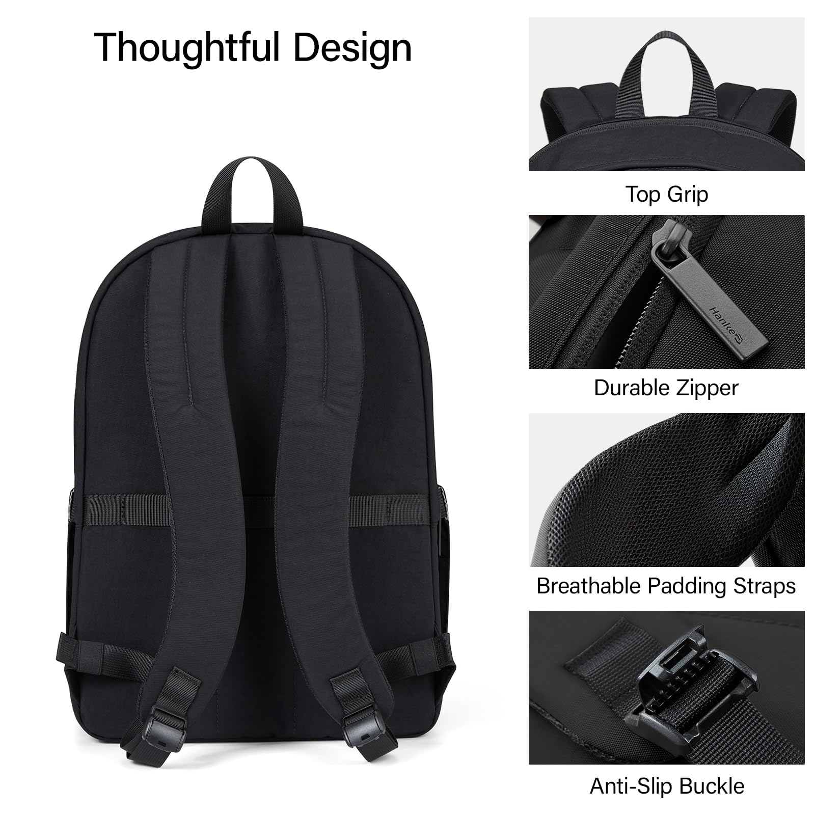 Hanke Travel Backpack for Women Men, 15.6 Inch Laptop College Backpack, Lightweight Small Computer Bookbag, Water-Resistant Casual Daypack, Black