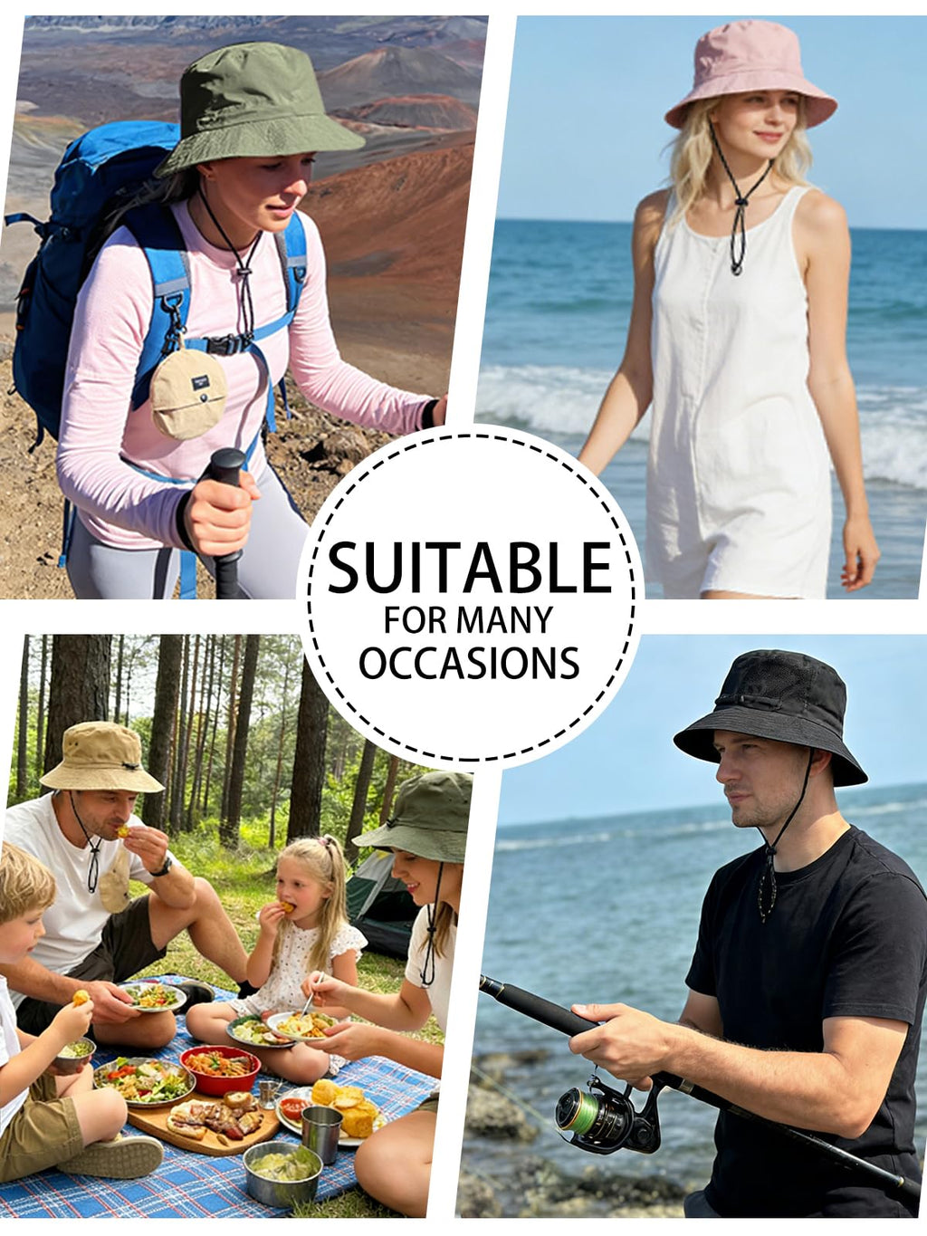 BAIKEA Splash-Proof Packable Bucket Hat for Men Women Lightweight Foldable Fishing Hiking Sun Hat with Adjustable Chin Strap Outdoor Rain Travel Cap One Size Black