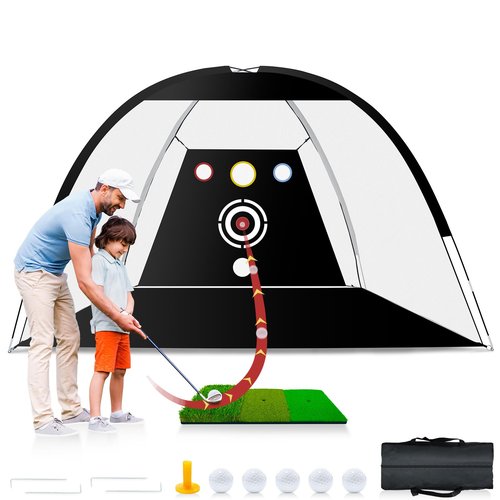 Golf Net 10x7ft - All-in-One Practice Net with Tri-Turf Mat & Target, 5 Balls & Carry Bag, Durable Backyard Driving Nets for Indoor Outdoor Swing, Gifts for Men and Golfers