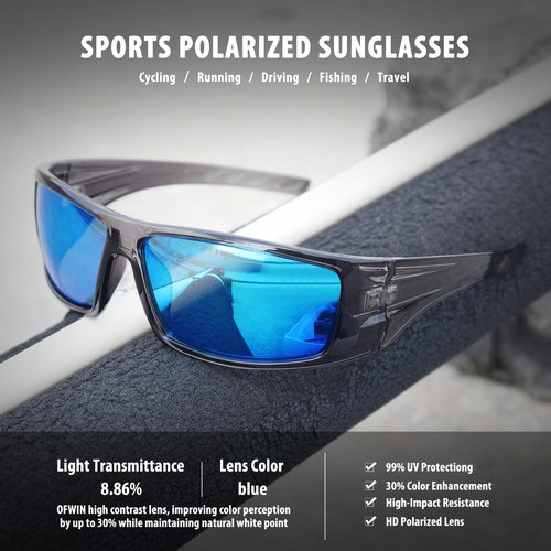 Ofwin Polarized Sports Sunglasses for Men Women Unbreakable Frame Cycling Fishing Wrap Around Sunglasses UV400 Protection Clear Gray Frame/Blue Mirror Lens
