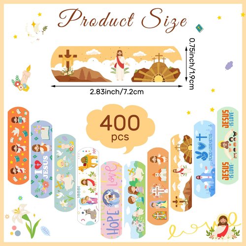 Threlaco 400 Pcs Jesus Bandages Jesus Adhesive Bandages Kids Adults Bulk 2.83x0.75'' Christian Gifts God Bless You Waterproof PE Heals Bandage for Boo Boo Church Sunday School Supplies, Latex Free