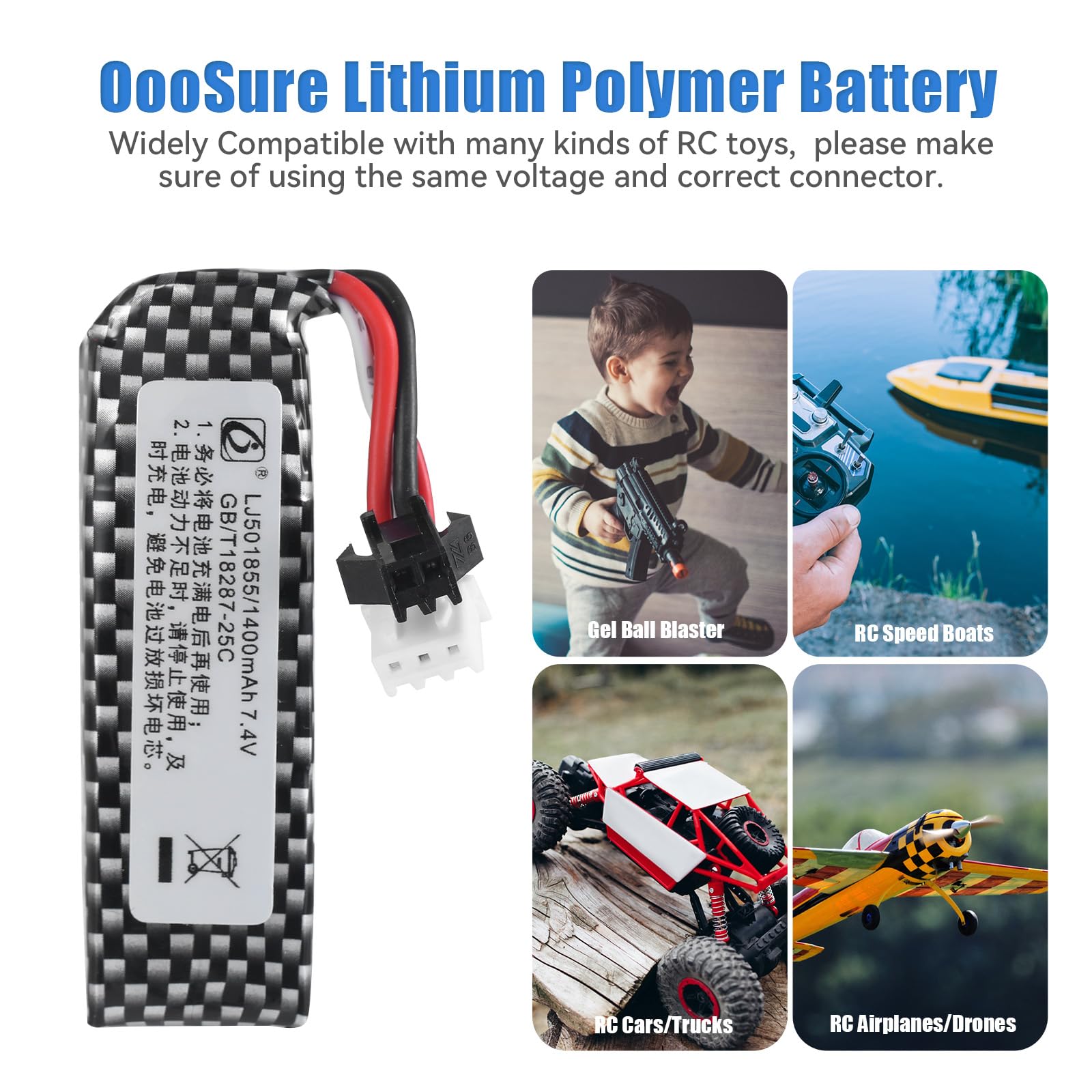 OooSure 2 pcs 7.4V 1400mAh 25C 501855 Lipo Airsoft Gun Batteries with 2S Charging Cable and SM2P to Mini Tamiya Switch Cable for Airsoft Gel Guns repalce Battery for STD-X2(2 PCS)