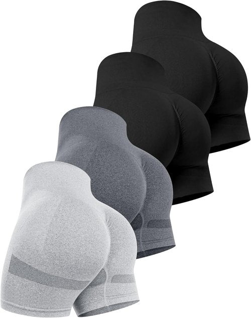 CHRLEISURE Women's High Waisted Booty Shorts - 4 Pack Seamless Scrunch Design for Ultimate Comfort