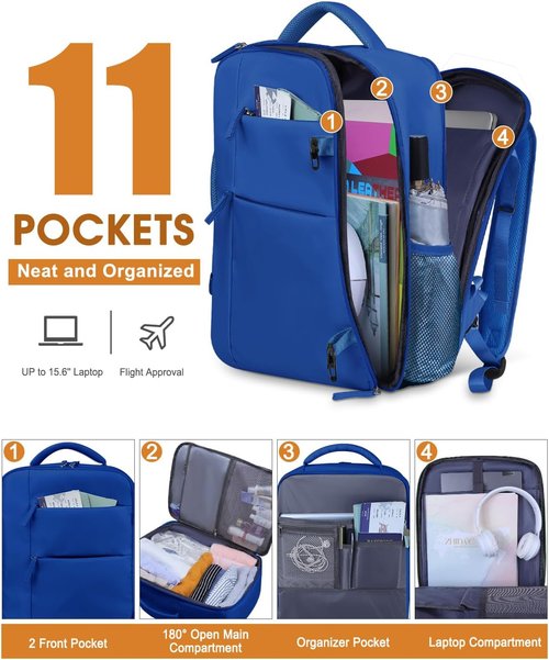 Capolo Waterproof Travel Backpack - Airlines Approved Laptop Bag for 15.6 Inch Devices | Royal Blue