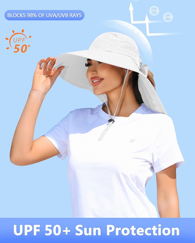 White One Size Sun Hat with Ponytail Hole and Neck Flap - UPF50+ Outdoor Fishing & Hiking