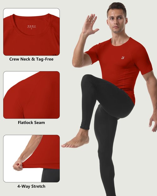 Roadbox Mens Compression Shirt Short Sleeve, 3 Pack Cool Dry Workout Base Layer Undershirts, Athletic T-Shirt for Gym Sports