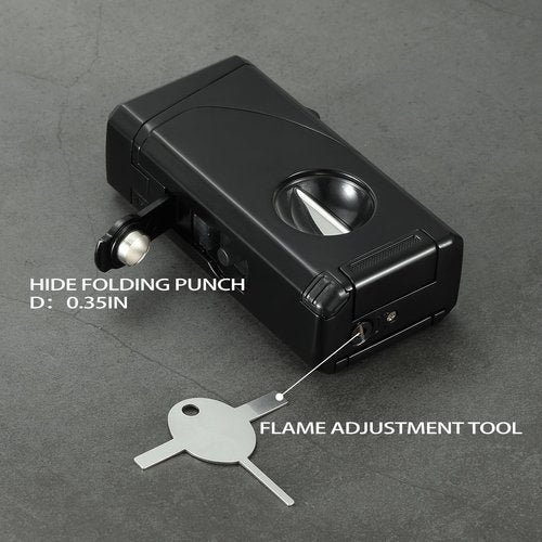All in One Triple Jet Flame Butane Torch Lighter Built-in Cutter, Cutter V Cut, Punch, Holder Function, Draw Enhancer Tool, Refillable and Adjustable Windproof Lighter. Black(Sold Without Gas)