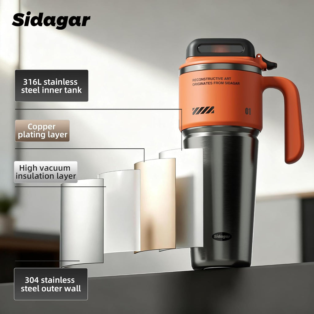 Skiennix 32 oz Stainless Steel Insulated Water Bottle - Leak-Proof Travel Cup with Handle | Dynamic Orange