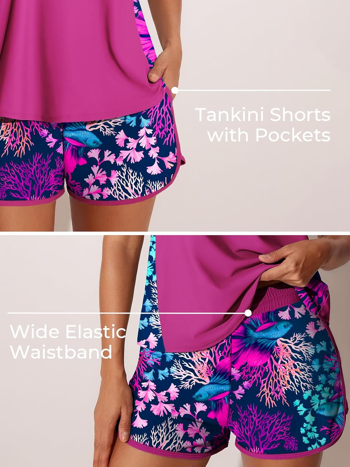 Summer Mae Blouson Tankini Swimsuits for Women 2026 Tummy Control Two Piece Bathing Suits with Sporty Pockets Swim Shorts