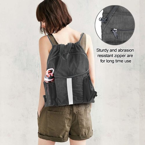 BeeGreen Drawstring Backpack - X-Large Black Gym Bag with Shoe Compartment for Sports