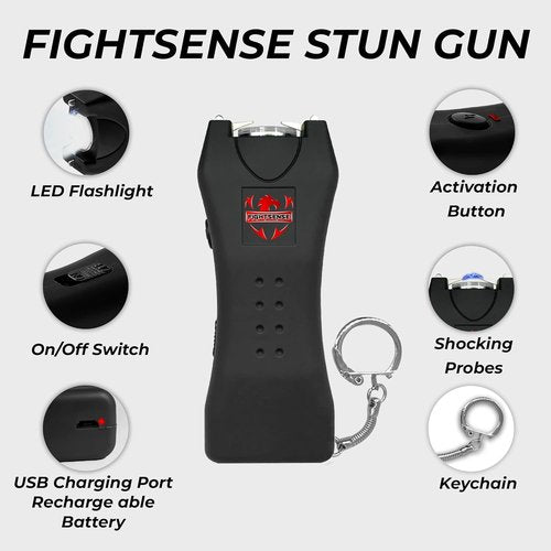 FIGHTSENSE Super Heavy Duty Keychain Stun Gun - Rechargeable Self Defense Device with Flashlight | Durable Nylon Holster