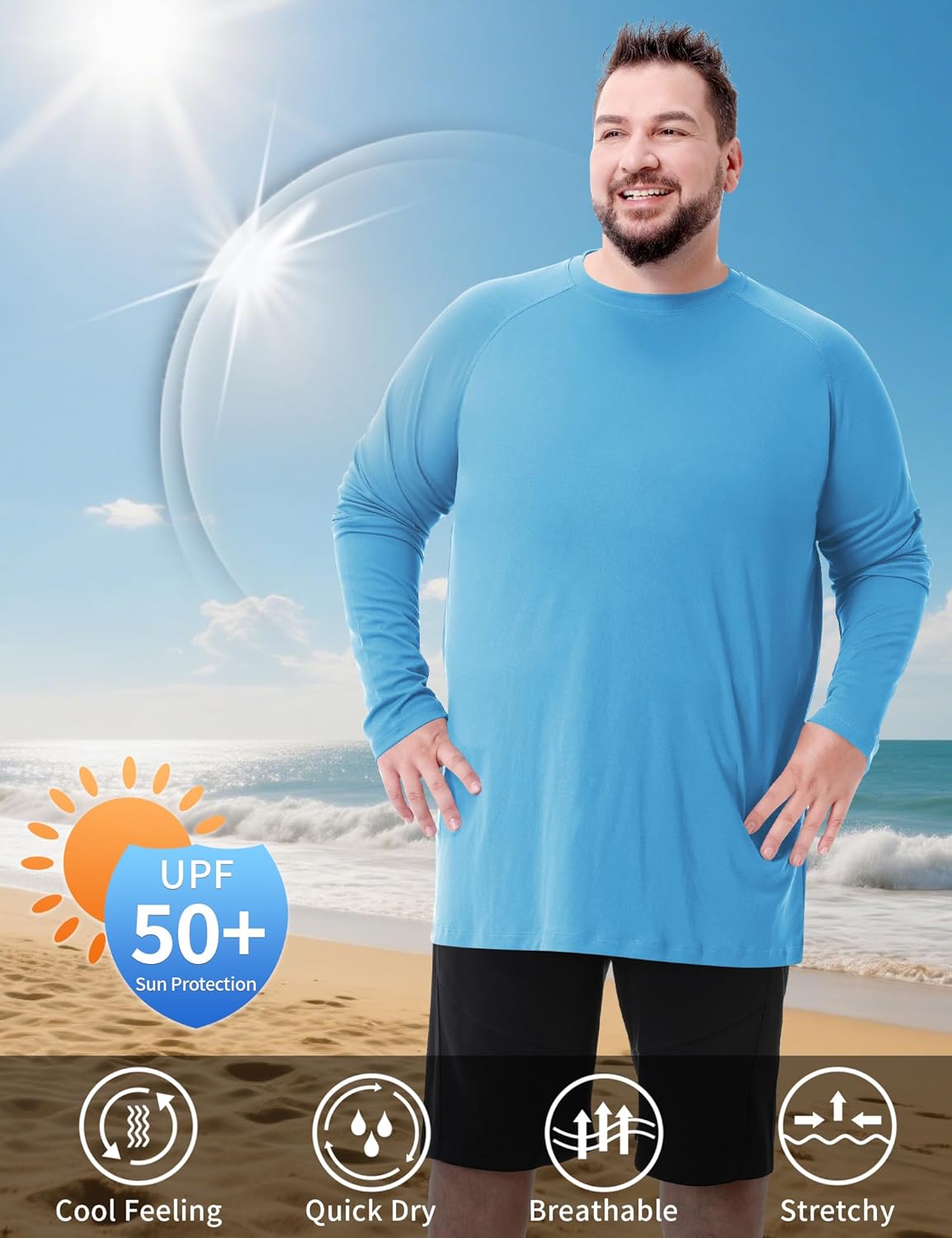 Skiennix Men's Big & Tall Long Sleeve Swim Shirt - UPF 50+ Sun Protection, Quick Dry (2XL-8XL)