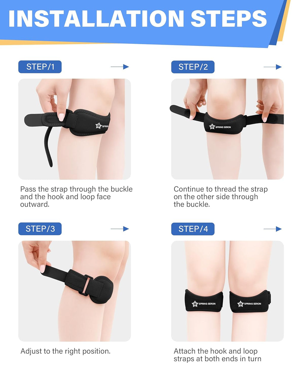SPRING SEASON Patella Knee Strap - Adjustable Patellar Tendon Support for Pain Relief | 2 Pack, Black