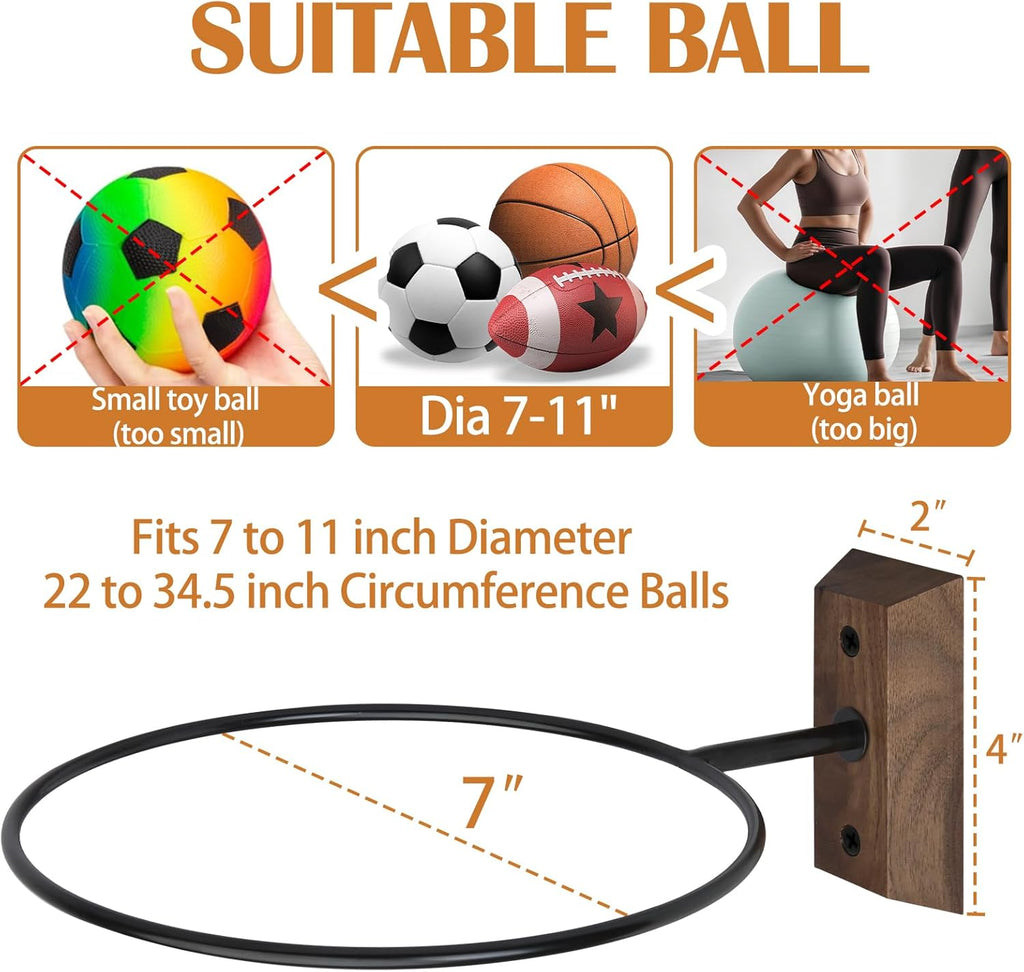 Skiennix Basketball Holder Wall Mount - 7-Inch Solid Black Walnut Base & Metal Ring | Sports Display Rack