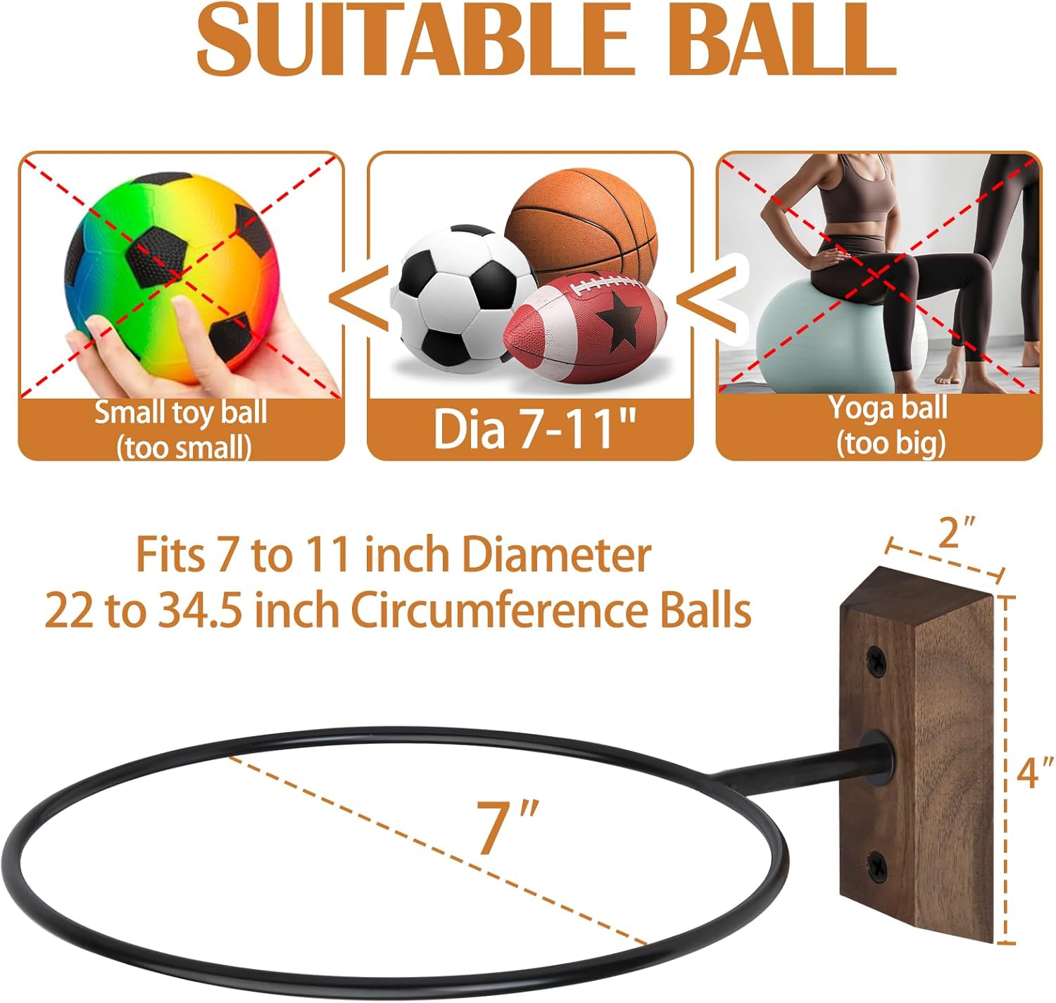 Skiennix Basketball Holder Wall Mount - 7-Inch Solid Black Walnut Base & Metal Ring | Sports Display Rack