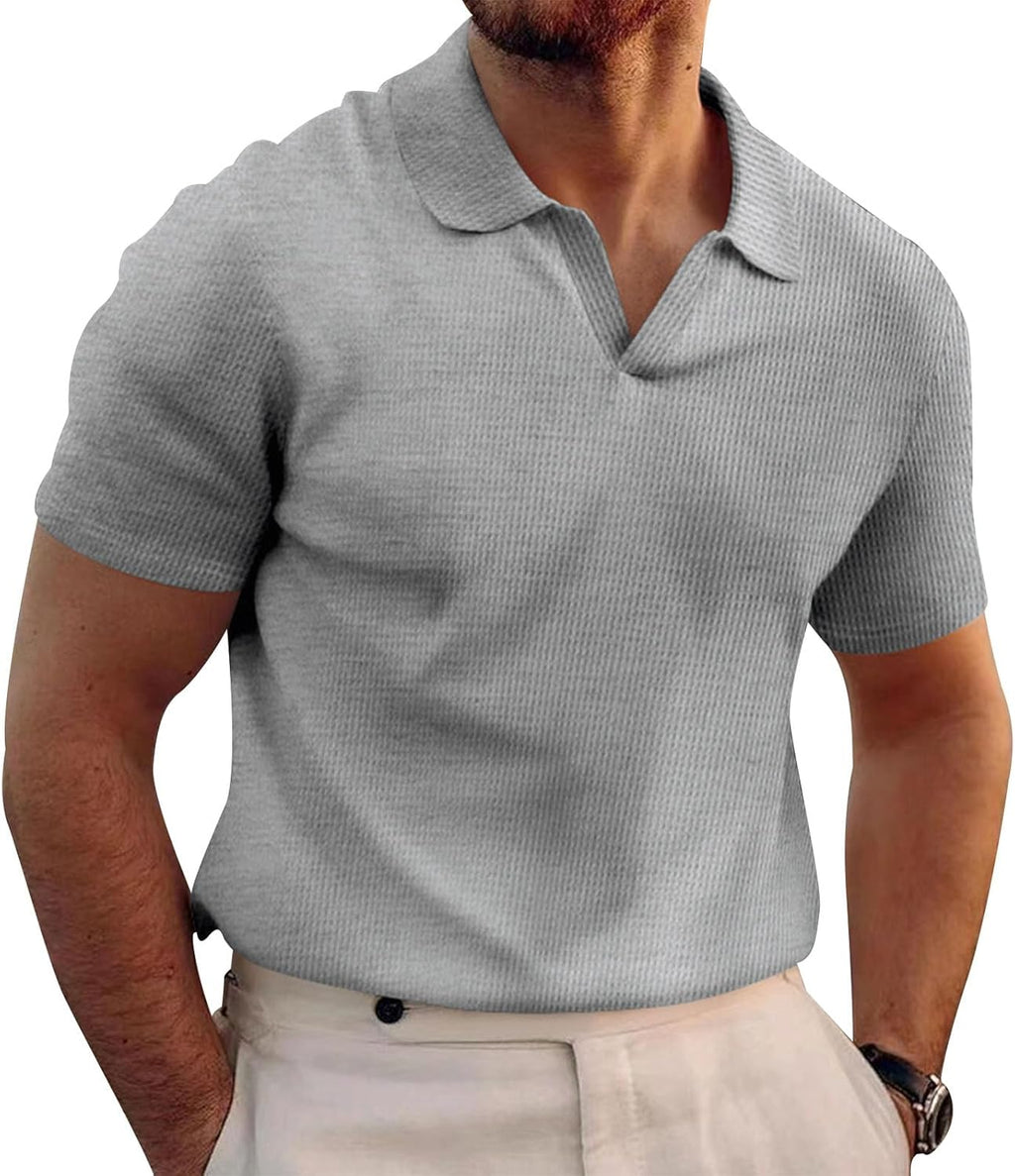 Skiennix Men's Knitted Polo Shirt - Striped Collared Stretch Top for Summer Casual Wear