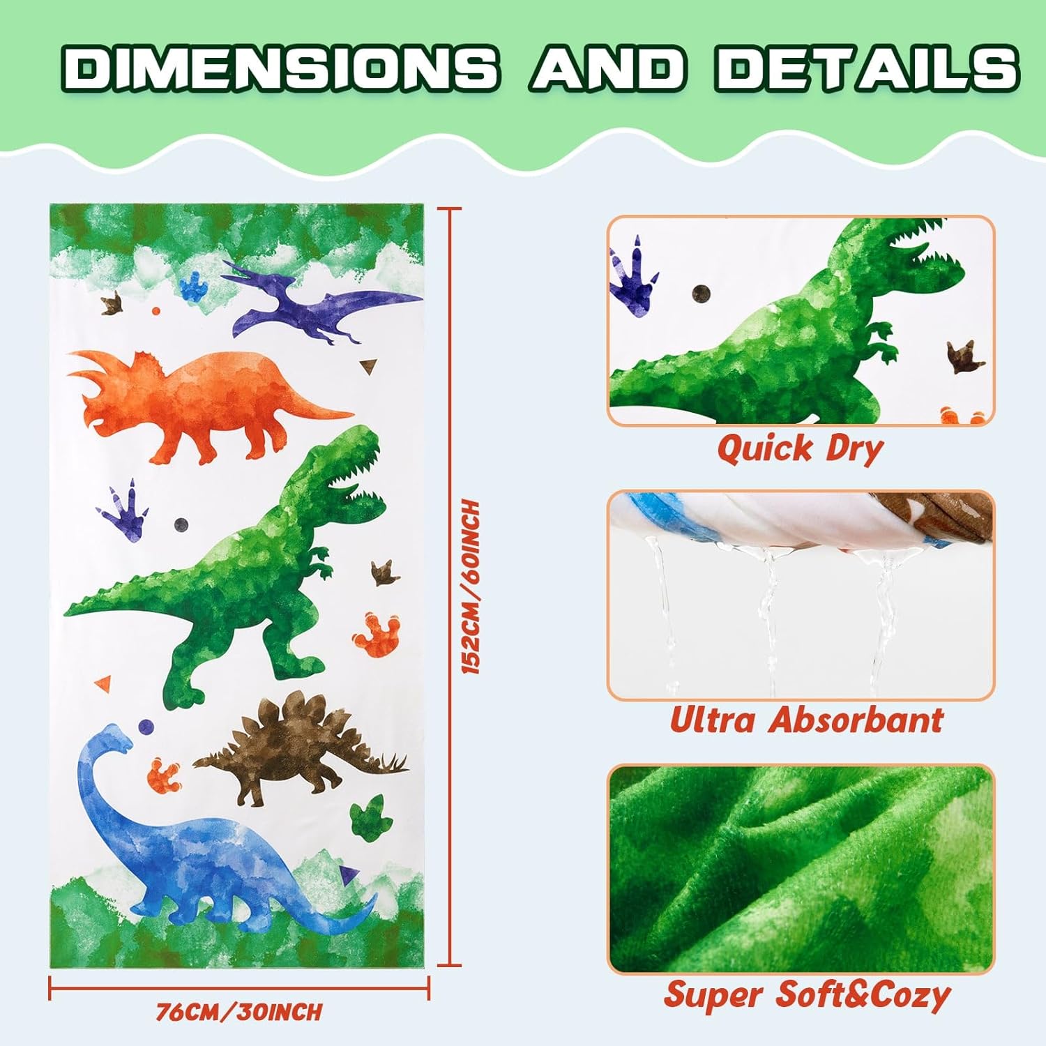 WERNNSAI Dinosaur Kids Beach Towel - Quick-Dry, Ultra-Absorbent, 30” x 60” for Boys | Perfect for Pool & Travel