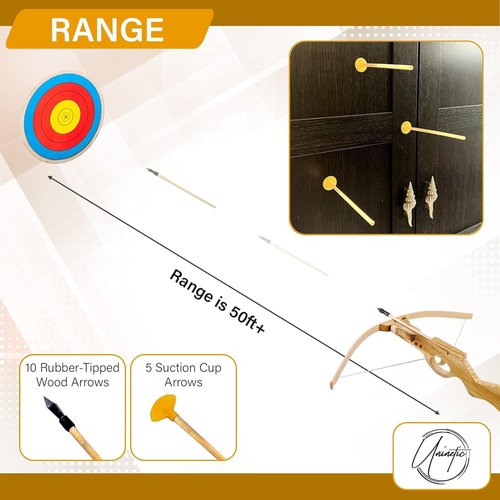 Handmade Wooden Crossbow - Archery Set with 10 Rubber-Tipped Bamboo Wood Arrows, 10 Suction Cup Arrows
