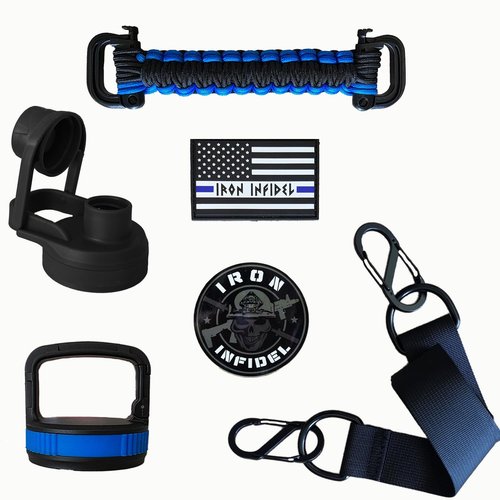 Iron Infidel Battle Pack - Accessories Kit for Battle Bottle - Water Bottle Cap Replacements for 64 Oz or 32 Oz | Wide Mouth Lid, Shoulder Strap, Paracord Handle, Morale Patch & Decal (Blue Line)