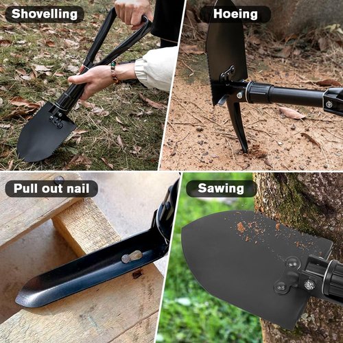 APIDGROWTH Large Folding Shovel, Overall Length 24Inches, Foldable Design with Portable Bag, Made of Durable Materials, Serrated Edge, for Camping, Hiking, Gardening, Fishing & Emergencies (Black)